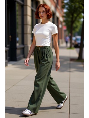 PayBuy Kadın Wide Leg Kemerli Dokuma Pantolon Fonksiyonel Dayanıklı Kaliteli Konforlu Estetik Şık