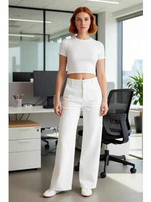 FRM Kadın Düğmeli Yüksek Bel Bol Paça Kot Pantolon Fonksiyonel Dayanıklı Kaliteli Konforlu Şık