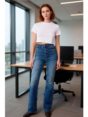 FRM Kadın Vintage Efektli Yüksek Bel Flare Kot Pantolon Fonksiyonel Dayanıklı Kaliteli Estetik