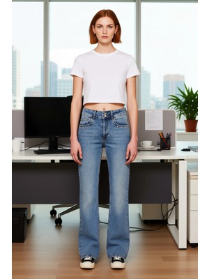 FRM Kadın Flare Jean Yüksek Bel Trok Detaylı Denim Pantolon Fonksiyonel Dayanıklı Kaliteli Şık