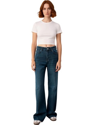 Ersefa Kadın Için Geniş Paça Koyu Yüksek Bel Jean Fonksiyonel Dayanıklı Kaliteli Konforlu Estetik