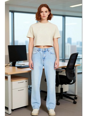 FRM Kadın Açık Yüksek Bel Düz Paça Denim Pantolon Fonksiyonel Dayanıklı Kaliteli Konforlu Spor