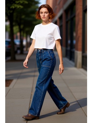 PayBuy Kadın Yüksek Bel Geniş Paça Kargo Jeans Fonksiyonel Dayanıklı Kaliteli Konforlu Estetik Şık