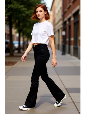 PayBuy Kadın Yüksek Bel Ispanyol Paça Denim Pantolon Fonksiyonel Dayanıklı Kaliteli Konforlu Spor