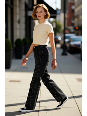 PayBuy Kadın Taşlı Geniş Paça Denim Pantolon Fonksiyonel Dayanıklı Kaliteli Konforlu Estetik Spor