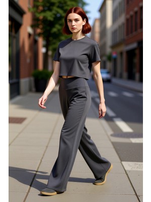 PayBuy Kadın Geniş Kesim Yüksek Bel Antrasit Pantolon Fonksiyonel Dayanıklı Kaliteli Konforlu Şık