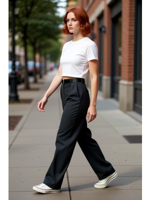 PayBuy Kadın Yüksek Bel Düz Kesim Kemerli Koyu Pantolon Fonksiyonel Dayanıklı Kaliteli Konforlu Şık