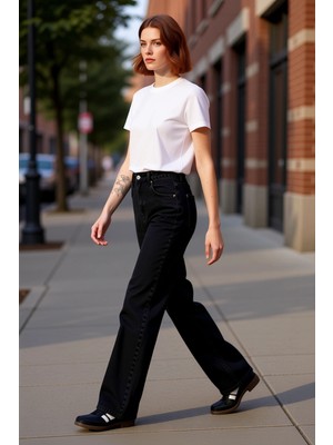 PayBuy Kadın Yüksek Bel Geniş Paça Denim Pantolon Fonksiyonel Dayanıklı Kaliteli Konforlu Estetik