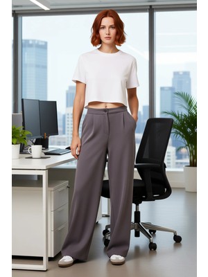 FRM Kadın Dokuma Geniş Paça Pantolon Yüksek Bel Fonksiyonel Dayanıklı Kaliteli Konforlu Modern