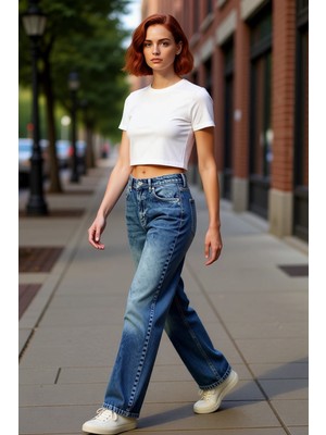 PayBuy Kadın Yüksek Bel Geniş Paça Denim Pantolon Fonksiyonel Dayanıklı Kaliteli Konforlu Estetik