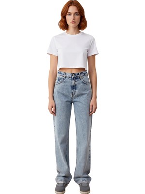 Ersefa Kadın Açık Yüksek Bel Bol Paça Denim Pantolon Fonksiyonel Dayanıklı Kaliteli Konforlu Spor