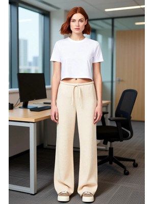 FRM Kadın Esnek Örme Yumoş Pantolon Geniş Paça Fonksiyonel Dayanıklı Kaliteli Konforlu Estetik