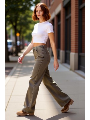 PayBuy Kadın Haki Vintage Yıkama Geniş Paça Jean Pantolon Fonksiyonel Dayanıklı Kaliteli Konforlu