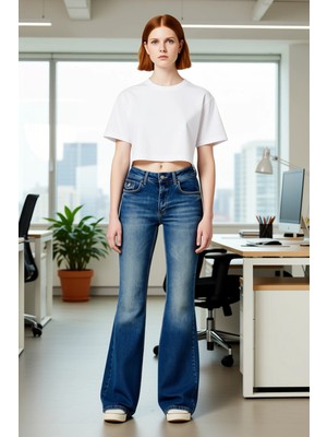 FRM Kadın Flare Paça Jean Pantolon Dikiş Detaylı Fonksiyonel Dayanıklı Kaliteli Konforlu Rahat