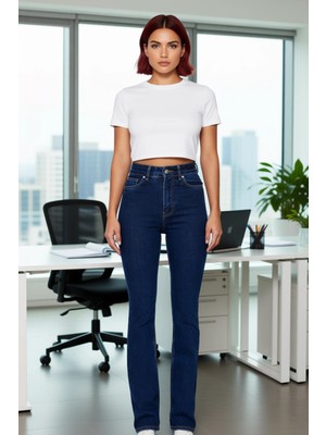 FRM Kadın Flare Kesim Yüksek Bel Koyu Denim Pantolon Fonksiyonel Dayanıklı Kaliteli Konforlu Şık