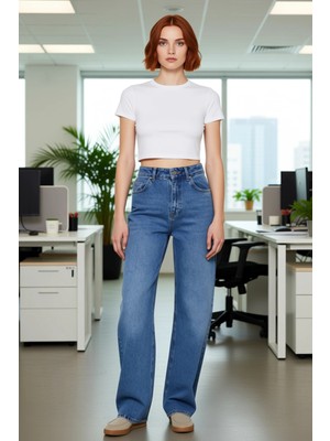 FRM Kadın Açık Denim Pantolon Geniş Paça Yüksek Bel Fonksiyonel Dayanıklı Kaliteli Konforlu Şık