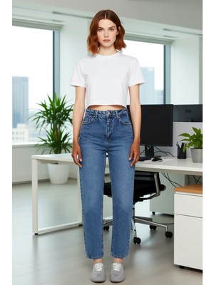 FRM Kadın Açık Yüksek Bel Mom Fit Jean Pantolon Fonksiyonel Dayanıklı Kaliteli Konforlu Modern