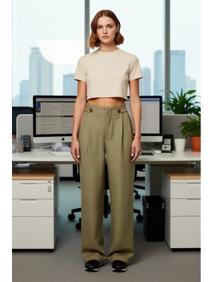 FRM Kadın Haki Yüksek Bel Geniş Paça Dokuma Keten Görünümlü Pantolon Fonksiyonel Dayanıklı Şık