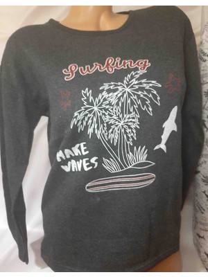 Shine Elagance Antrasit Renginde Desenli Üst ve Alt Kadın Pijama Takımı Pamuklu Doğal Elyaf