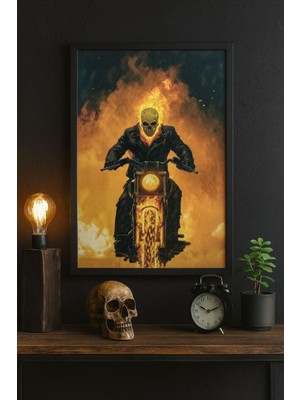 Alevli Motorcu – Fantastik Dijital Sanat Duvar Tablosu (Çerçeveli)