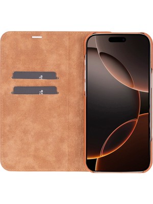 Exporanto Apple iPhone 16 Pro Max Uyumlu, Hakiki Deri, El Yapımı, Cüzdanlı Kılıf, Gölgeli Taba