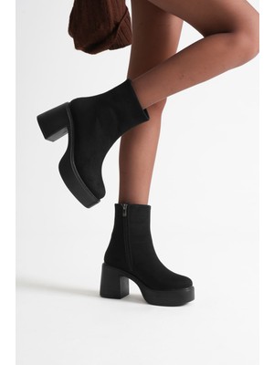 Mevese İtek Kadın Siyah Süet Topuklu Bot