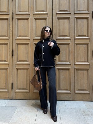 Asfa Moda Siyah Çoban Dikişli Kaşe Düğmeli Kaşe Hırka