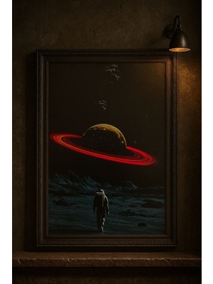 Kırmızı Halkalı Gezegen ve Astronot – Sci-Fi Uzay Temalı Duvar Tablosu (Çerçeveli)