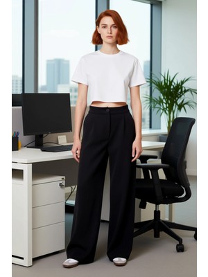 FRM Kadın Geniş Paça Dokuma Kumaş Yüksek Bel Pantolon Fonksiyonel Dayanıklı Kaliteli Konforlu Şık