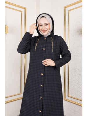 Sd Butik Zincir Detaylı Kapüşonlu Tesettür Kap - Altın Düğmeli - Kapitone Desenli Modern