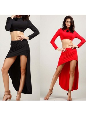 Pileli Store Pilelistore  B101337 Asimetrik Etek ve Uzun Kollu Büstiyer Takım