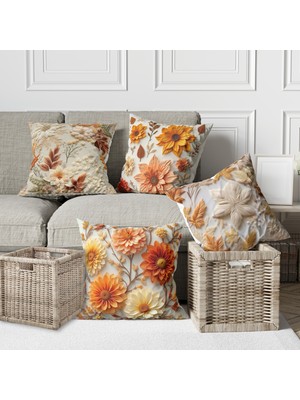 Alkan Homes 4 Lü Kombin Nakış Görünümlü 3 Boyutlu Renkli Yaprak Desen Dijital Baskılı Kırlent Kılıfı