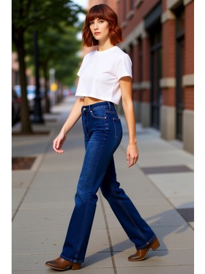 PayBuy Kadın Koyu Yüksek Bel Flare Denim Pantolon Fonksiyonel Dayanıklı Kaliteli Konforlu Estetik