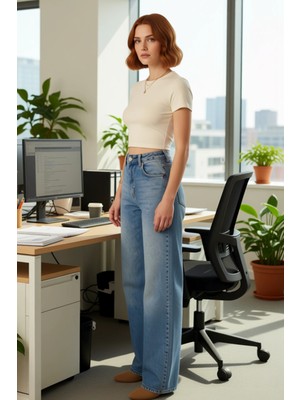 FRM Kadın Wide Leg Denim Pantolon Yüksek Bel Fonksiyonel Dayanıklı Kaliteli Konforlu Estetik Şık