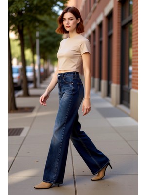 PayBuy Kadın Koyu Wide Leg Denim Pantolon Fonksiyonel Dayanıklı Kaliteli Konforlu Estetik Premium