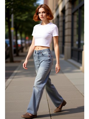 PayBuy Kadın Yüksek Bel Geniş Paça Denim Pantolon Fonksiyonel Dayanıklı Kaliteli Konforlu Estetik