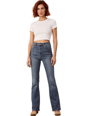 Ersefa Kadın Yüksek Bel Ispanyol Paça Koyu Denim Pantolon Fonksiyonel Dayanıklı Kaliteli Konforlu