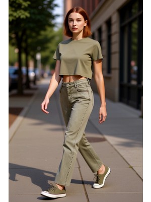 PayBuy Kadın Haki Yüksek Bel Flare Kesim Crop Jean Pantolon Fonksiyonel Dayanıklı Kaliteli Modern