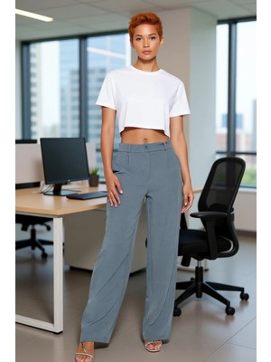 FRM Kadın Haki Yüksek Bel Geniş Paça Dokuma Pantolon Fonksiyonel Dayanıklı Kaliteli Konforlu Şık