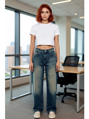 FRM Kadın Yüksek Bel Geniş Paça Denim Pantolon Fonksiyonel Dayanıklı Kaliteli Konforlu Estetik