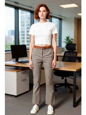 FRM Kadın Çok Renkli Ekose Desenli Yüksek Bel Flare Pantolon Fonksiyonel Dayanıklı Kaliteli Şık