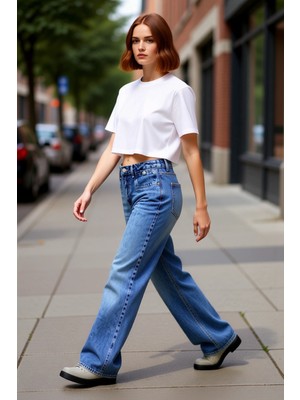 PayBuy Kadın Yüksek Bel Geniş Paça Cep Detaylı Denim Pantolon Fonksiyonel Dayanıklı Kaliteli Spor