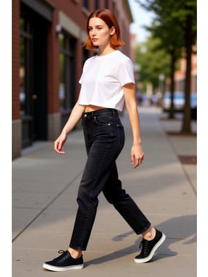 PayBuy Kadın Yüksek Bel Rahat Kesim Kot Pantolon Fonksiyonel Dayanıklı Kaliteli Konforlu Estetik Şık
