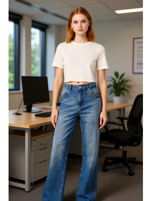 FRM Kadın Koyu Wide Leg Yüksek Bel Denim Pantolon Fonksiyonel Dayanıklı Kaliteli Konforlu Spor