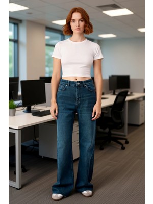 FRM Koyu Wide Leg Yüksek Bel Kadın Jean Pantolon Fonksiyonel Dayanıklı Kaliteli Konforlu Rahat