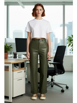 FRM Kadın Haki Dikiş Detaylı Yüksek Bel Suni Deri Pantolon Fonksiyonel Dayanıklı Kaliteli Spor