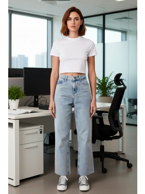 FRM Kadın Açık Straight Paça Yüksek Bel Denim Pantolon Fonksiyonel Dayanıklı Kaliteli Konforlu