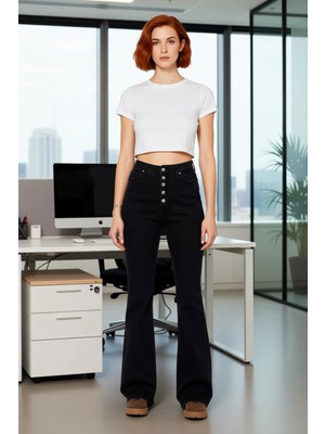 FRM Kadın Yüksek Bel Düğmeli Geniş Paça Jean Fonksiyonel Dayanıklı Kaliteli Konforlu Estetik Şık
