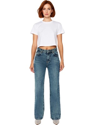 Ersefa Kadın Yüksek Bel Geniş Paça Jean Pantolon Fonksiyonel Dayanıklı Kaliteli Konforlu Estetik Şık