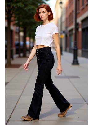 PayBuy Kadın Yüksek Bel Düğmeli Flare Jean Pantolon Fonksiyonel Dayanıklı Kaliteli Konforlu Rahat